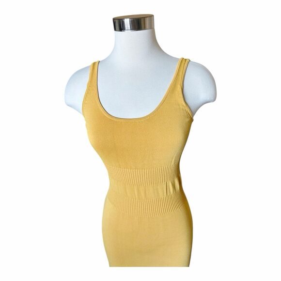 Modern Citizen Ribbed Knit Midi Dress Sz XS Yellow Side Slit Cinch Waist - Picture 2 of 4